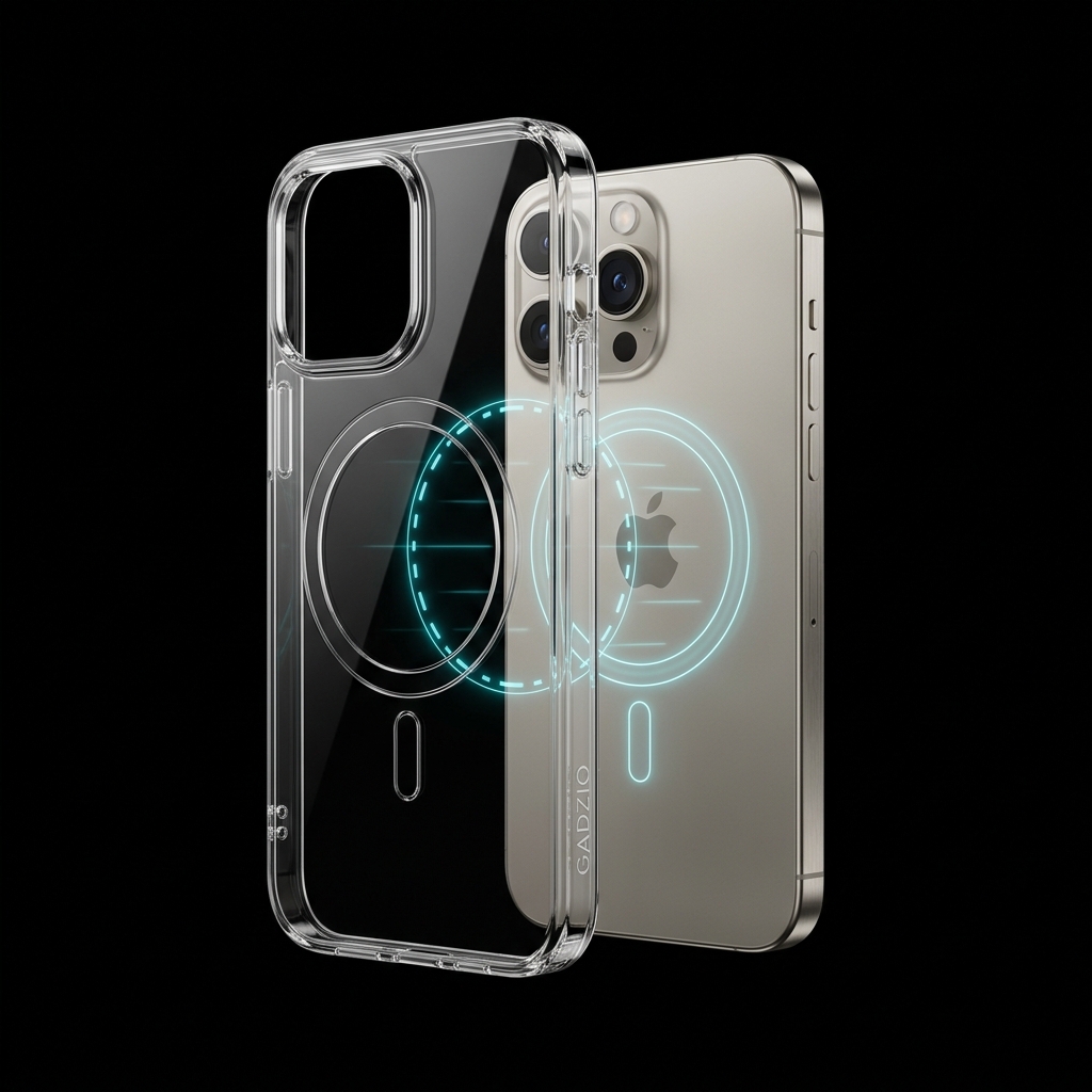 GADZIO Crystal Clear MagSafe case exploded view on iPhone 18 Pro Max